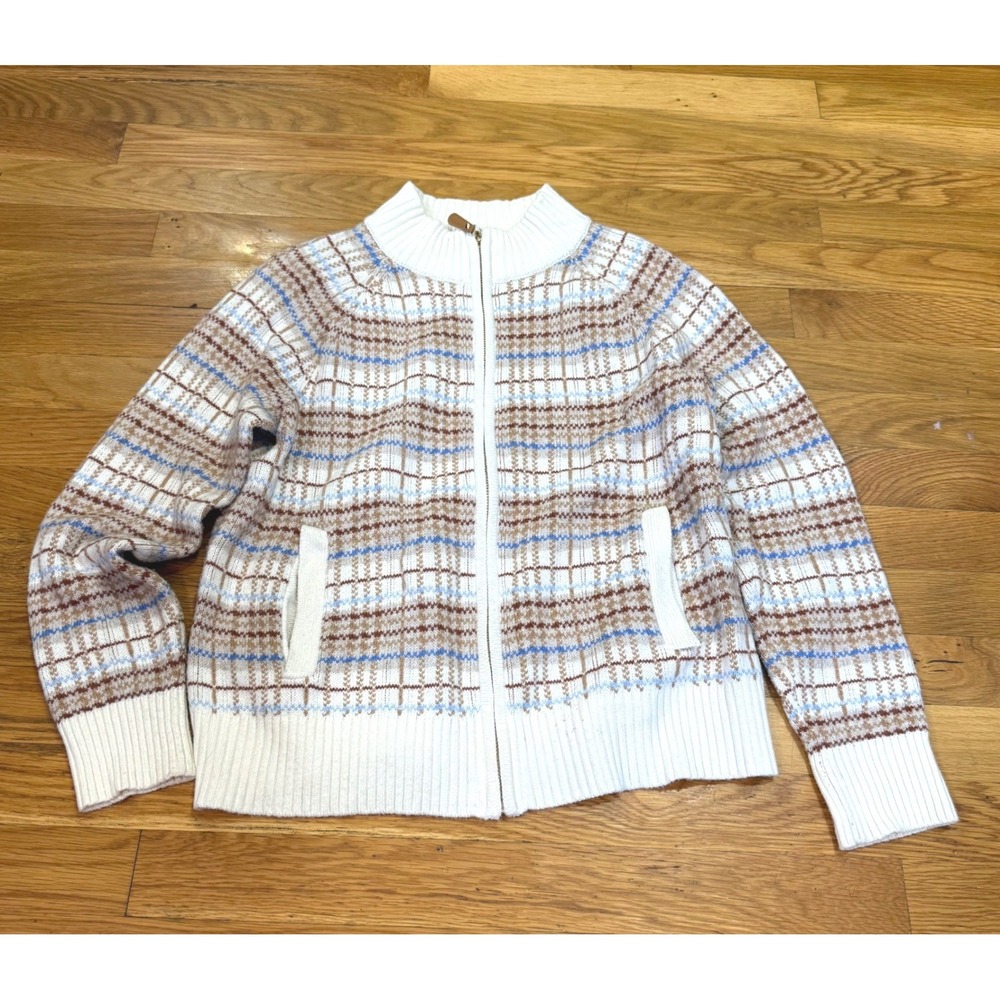 Talbots Petite‎ Medium Full Zip Plaid Cardigan Sweater Cream Brown Cotton Blend